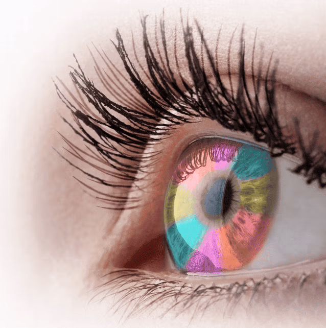 Photo en gros plan d’un œil dont l’iris est coloré en plusieurs teintes vives : rouge, vert, bleu, rose et orange. Illustrant la diversité des couleurs.