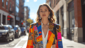 Femme marchant dans une rue, vêtue d’un blazer coloré aux motifs pieds de poule et carreaux, aux couleurs orange, rouge, bleu, rose et noir.