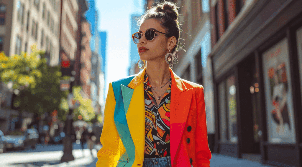 Femme marchant dans une rue, portant un blazer et un chemisier coloré : rouge, jaune, orange, noir et turquoise.
