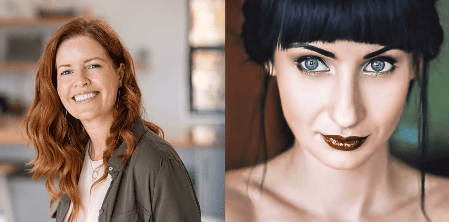 Deux femmes : l’une aux tons chauds (rousse, yeux foncés), l’autre aux tons froids (brune, yeux bleus).