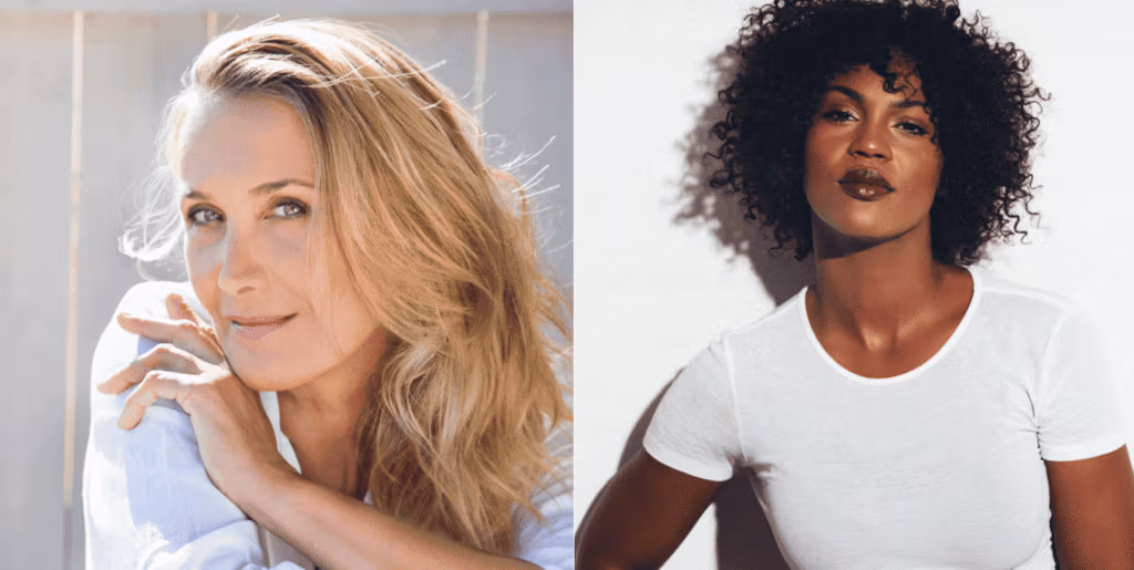 Montage de deux femmes aux contrastes faibles : l’une à la peau claire, cheveux blonds et yeux bleus, l’autre à la peau foncée, cheveux et yeux noirs.