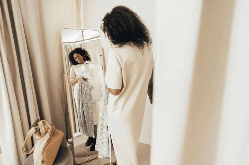 Femme essayant une tenue aux tons neutres (blanc, beige, gris) devant un miroir, en pleine réflexion sur son style, pour éviter les achats de mots inutiles.