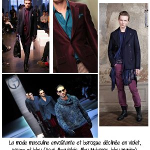 La mode masculine envoûtante et baroque déclinée en violet, rouge et bleu