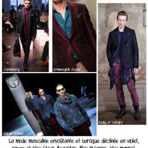 La mode masculine envoûtante et baroque déclinée en violet, rouge et bleu