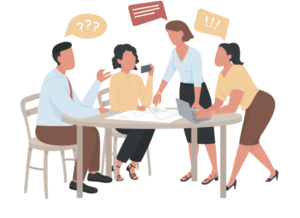 Illustration représentant quatre personnes en désaccord, symbolisant un problème de communication.