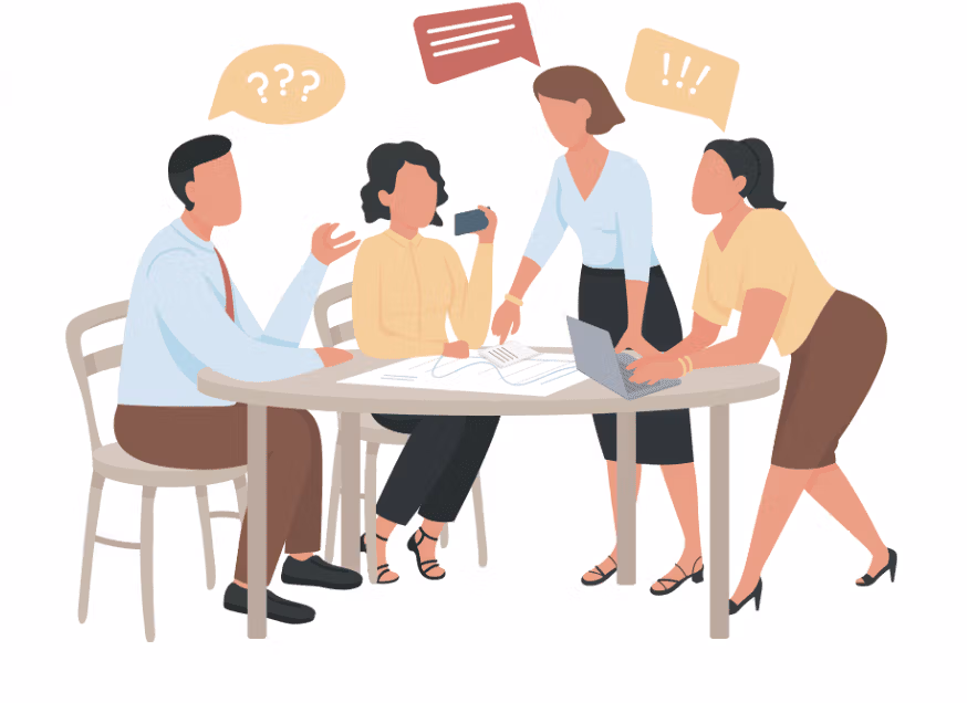 Illustration représentant quatre personnes en désaccord, symbolisant un problème de communication.