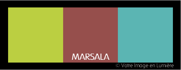 harmonie complémentaire à 3 tons - Marsala avec un vert anis et un turquoise