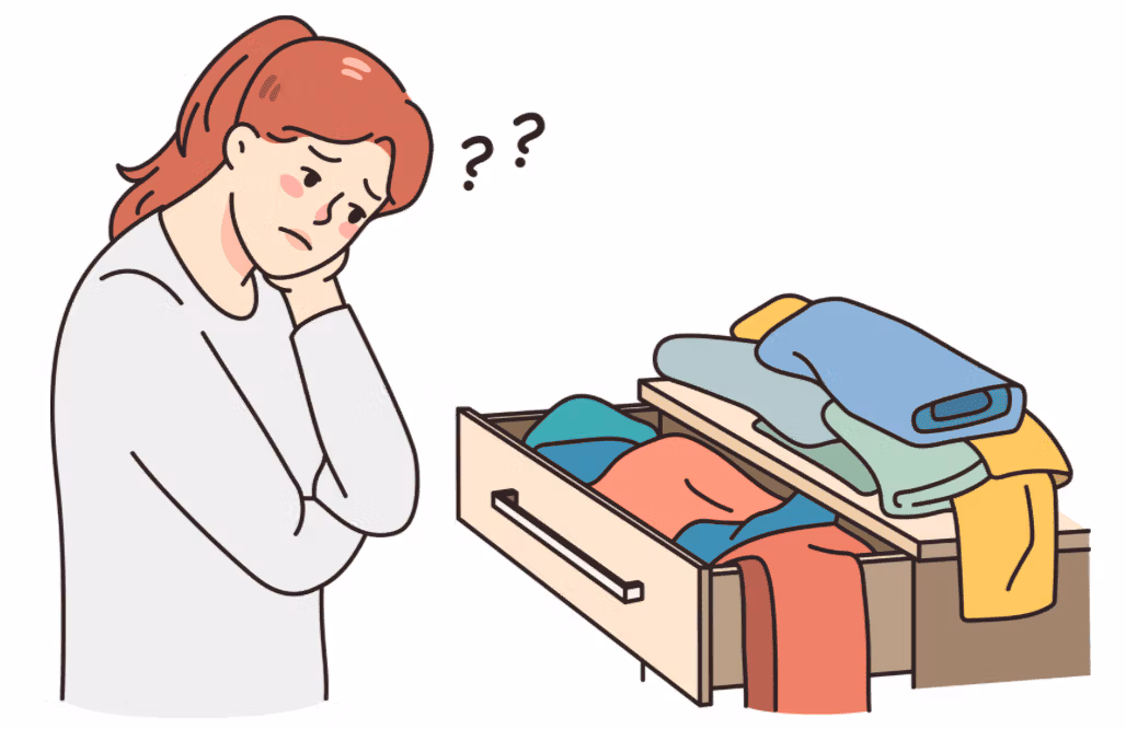 Illustration d’une femme hésitant entre plusieurs vêtements.